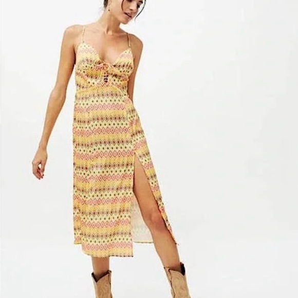 Urban Outfitters Yellow and Pink Midi Dress - Picture 1 of 7